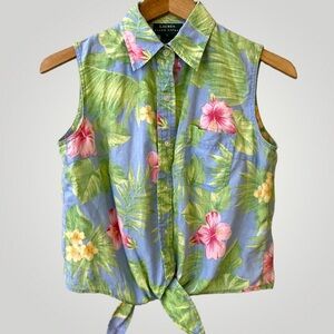 Y2K Aloha Lauren Ralph Lauren Linen Tie Front Pastel Floral Size 6